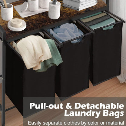 Large Laundry Hamper Sorter with 3 Removable & Pull-Out Sorting Bags, Wooden Top Shelf, Versatile Laundry Basket Organizer for Laundry Room, Bathroom, Dorm, 8 * 3 Gal, Black