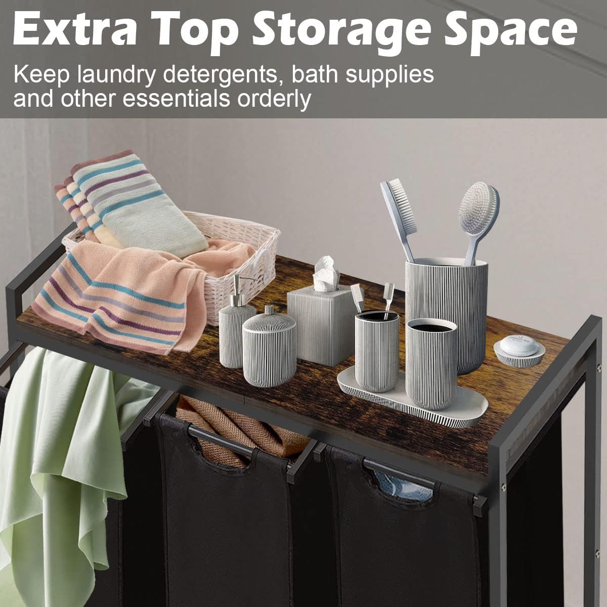 Large Laundry Hamper Sorter with 3 Removable & Pull-Out Sorting Bags, Wooden Top Shelf, Versatile Laundry Basket Organizer for Laundry Room, Bathroom, Dorm, 8 * 3 Gal, Black