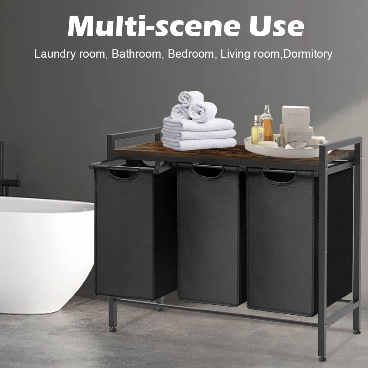 Large Laundry Hamper Sorter with 3 Removable & Pull-Out Sorting Bags, Wooden Top Shelf, Versatile Laundry Basket Organizer for Laundry Room, Bathroom, Dorm, 8 * 3 Gal, Black
