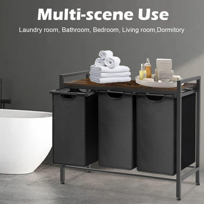 Large Laundry Hamper Sorter with 3 Removable & Pull-Out Sorting Bags, Wooden Top Shelf, Versatile Laundry Basket Organizer for Laundry Room, Bathroom, Dorm, 8 * 3 Gal, Black