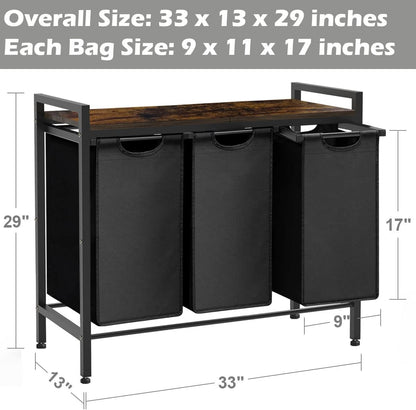 Large Laundry Hamper Sorter with 3 Removable & Pull-Out Sorting Bags, Wooden Top Shelf, Versatile Laundry Basket Organizer for Laundry Room, Bathroom, Dorm, 8 * 3 Gal, Black