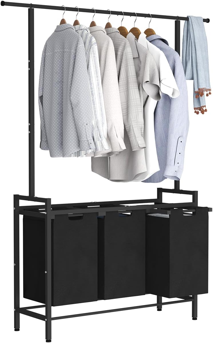 Large Laundry Hamper Sorter with 3 Removable & Pull-Out Sorting Bags, Wooden Top Shelf, Versatile Laundry Basket Organizer for Laundry Room, Bathroom, Dorm, 8 * 3 Gal, Black