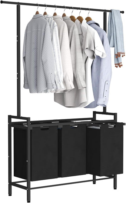 Large Laundry Hamper Sorter with 3 Removable & Pull-Out Sorting Bags, Wooden Top Shelf, Versatile Laundry Basket Organizer for Laundry Room, Bathroom, Dorm, 8 * 3 Gal, Black