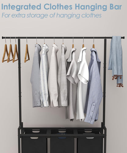 Large Laundry Hamper Sorter with 3 Removable & Pull-Out Sorting Bags, Wooden Top Shelf, Versatile Laundry Basket Organizer for Laundry Room, Bathroom, Dorm, 8 * 3 Gal, Black