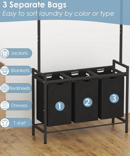 Large Laundry Hamper Sorter with 3 Removable & Pull-Out Sorting Bags, Wooden Top Shelf, Versatile Laundry Basket Organizer for Laundry Room, Bathroom, Dorm, 8 * 3 Gal, Black