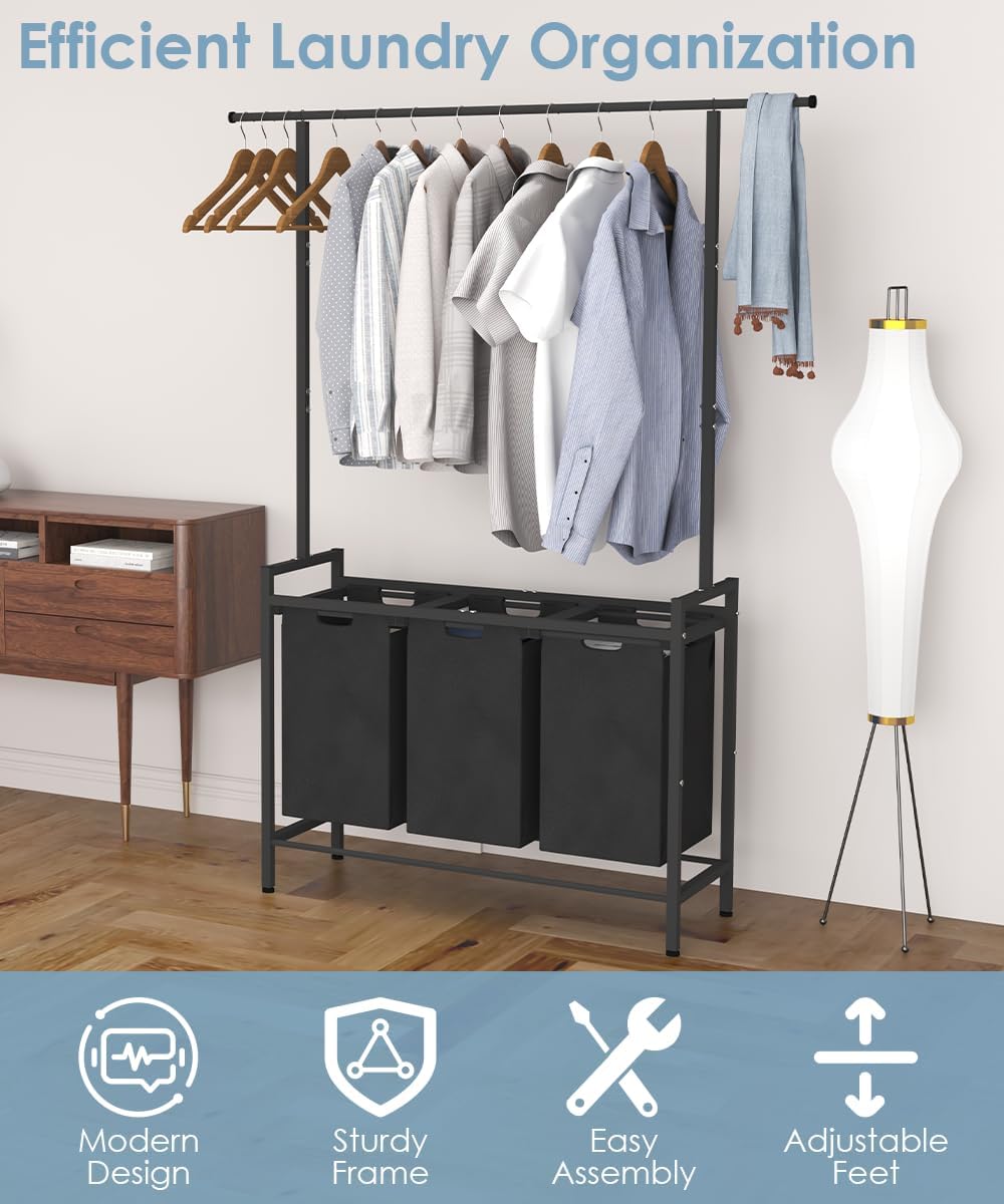 Large Laundry Hamper Sorter with 3 Removable & Pull-Out Sorting Bags, Wooden Top Shelf, Versatile Laundry Basket Organizer for Laundry Room, Bathroom, Dorm, 8 * 3 Gal, Black