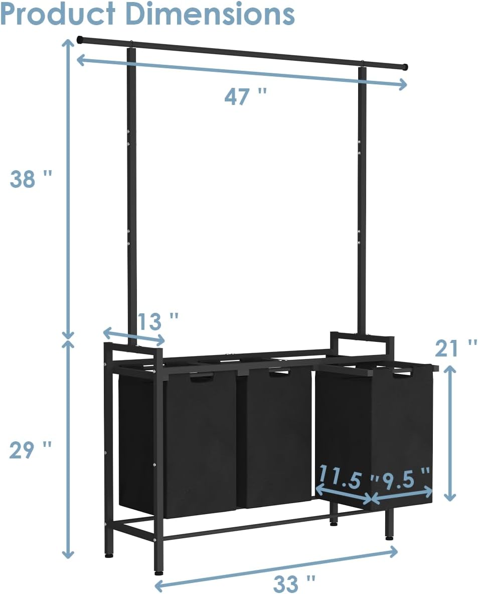 Large Laundry Hamper Sorter with 3 Removable & Pull-Out Sorting Bags, Wooden Top Shelf, Versatile Laundry Basket Organizer for Laundry Room, Bathroom, Dorm, 8 * 3 Gal, Black