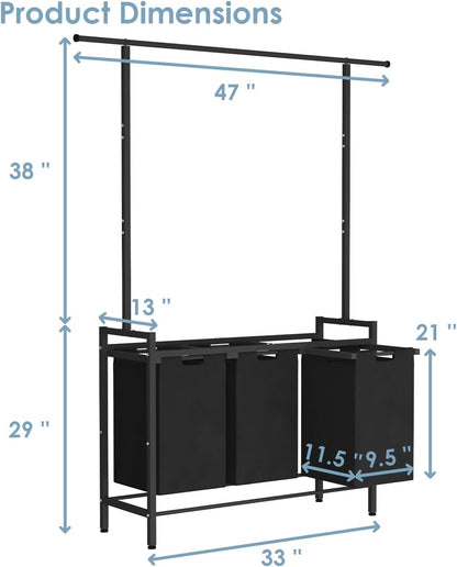 Large Laundry Hamper Sorter with 3 Removable & Pull-Out Sorting Bags, Wooden Top Shelf, Versatile Laundry Basket Organizer for Laundry Room, Bathroom, Dorm, 8 * 3 Gal, Black