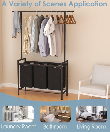 Large Laundry Hamper Sorter with 3 Removable & Pull-Out Sorting Bags, Wooden Top Shelf, Versatile Laundry Basket Organizer for Laundry Room, Bathroom, Dorm, 8 * 3 Gal, Black