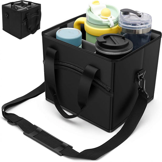 Insulated 4-Cup Drink Carrier Bag with Shoulder Strap & Adjustable Dividers - Spill-Proof Collapsible Beverage Tote for Travel, Coffee Runs & Food Delivery, Black