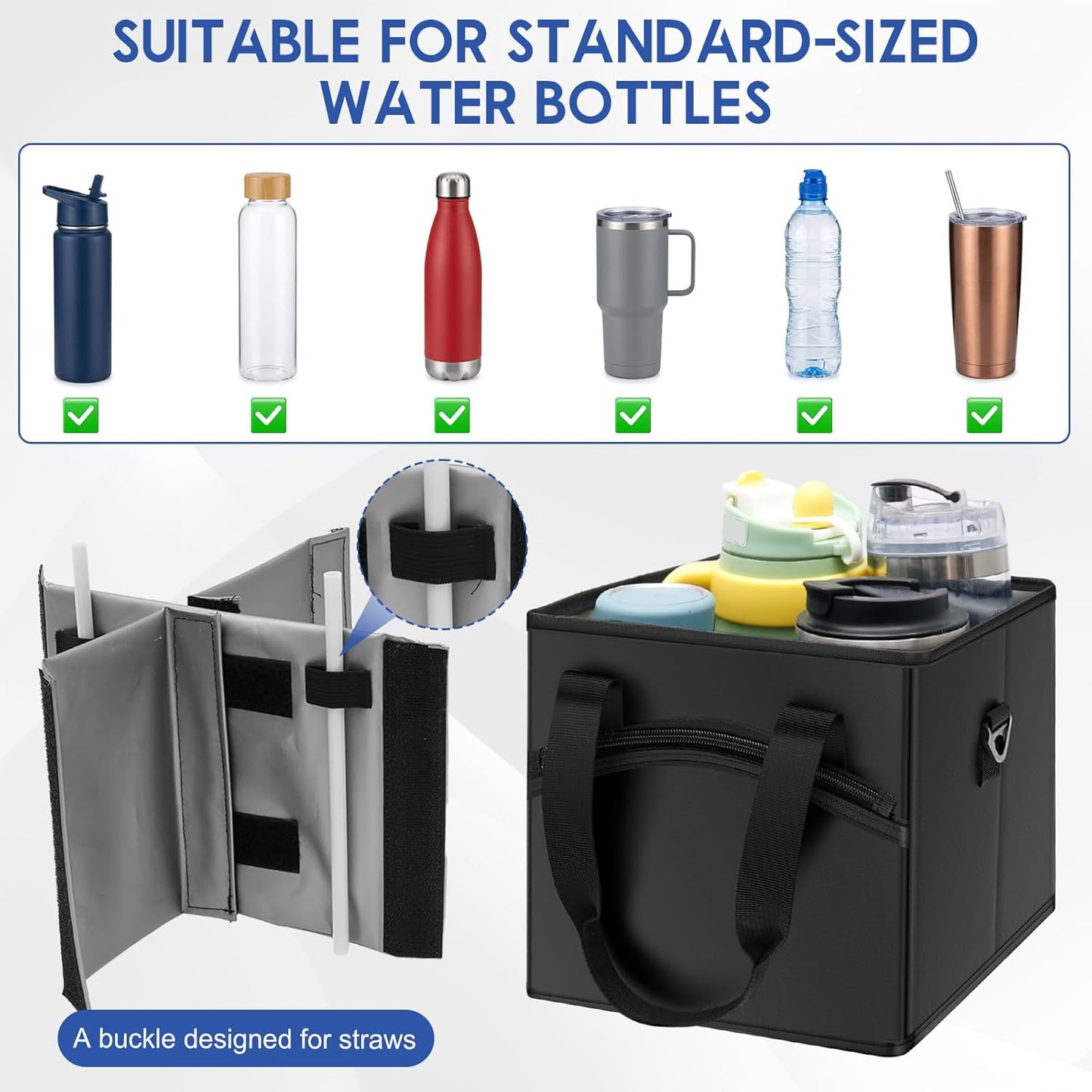 Insulated 4-Cup Drink Carrier Bag with Shoulder Strap & Adjustable Dividers - Spill-Proof Collapsible Beverage Tote for Travel, Coffee Runs & Food Delivery, Black