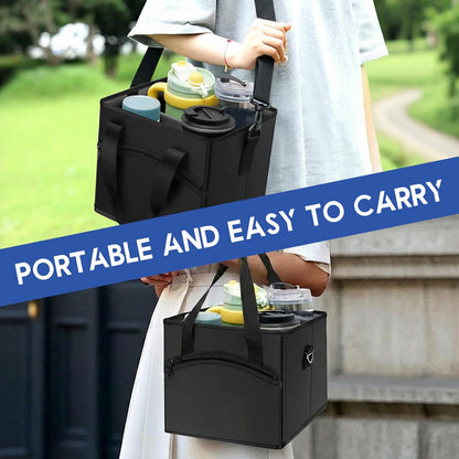 Insulated 4-Cup Drink Carrier Bag with Shoulder Strap & Adjustable Dividers - Spill-Proof Collapsible Beverage Tote for Travel, Coffee Runs & Food Delivery, Black