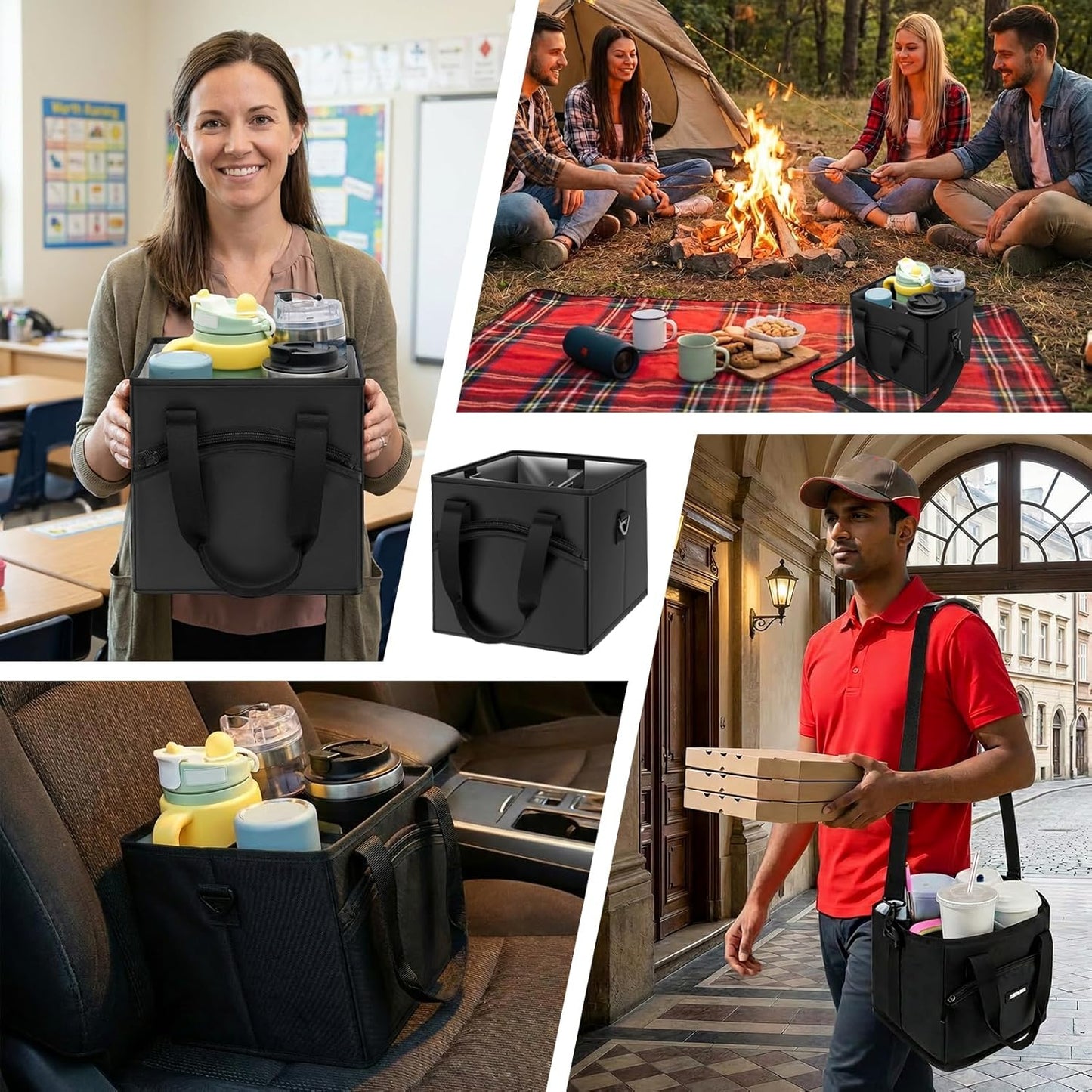 Insulated 4-Cup Drink Carrier Bag with Shoulder Strap & Adjustable Dividers - Spill-Proof Collapsible Beverage Tote for Travel, Coffee Runs & Food Delivery, Black
