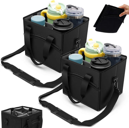 Insulated 4-Cup Drink Carrier Bag with Shoulder Strap & Adjustable Dividers - Spill-Proof Collapsible Beverage Tote for Travel, Coffee Runs & Food Delivery, Black