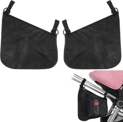 2 Pack Side Sling Stroller Organizer, Universal Portable Side Sling Stroller with Mesh Cargo Net, Black Adjustable Mesh Storage Bag with Non-Slip Straps for Extra Cargo Space