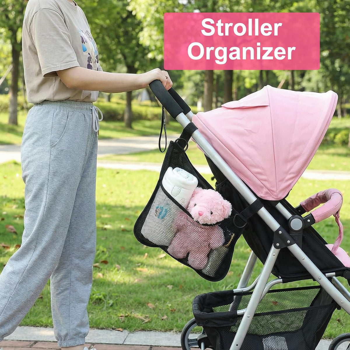 2 Pack Side Sling Stroller Organizer, Universal Portable Side Sling Stroller with Mesh Cargo Net, Black Adjustable Mesh Storage Bag with Non-Slip Straps for Extra Cargo Space