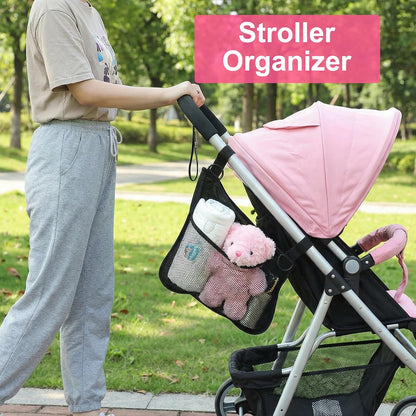 2 Pack Side Sling Stroller Organizer, Universal Portable Side Sling Stroller with Mesh Cargo Net, Black Adjustable Mesh Storage Bag with Non-Slip Straps for Extra Cargo Space
