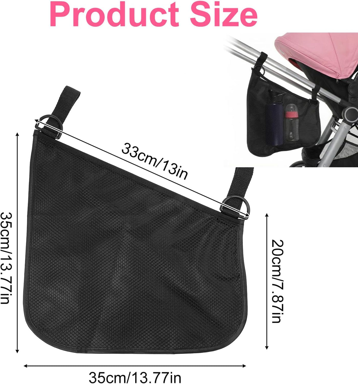 2 Pack Side Sling Stroller Organizer, Universal Portable Side Sling Stroller with Mesh Cargo Net, Black Adjustable Mesh Storage Bag with Non-Slip Straps for Extra Cargo Space