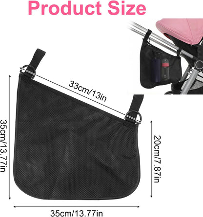 2 Pack Side Sling Stroller Organizer, Universal Portable Side Sling Stroller with Mesh Cargo Net, Black Adjustable Mesh Storage Bag with Non-Slip Straps for Extra Cargo Space