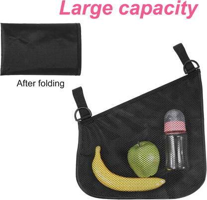 2 Pack Side Sling Stroller Organizer, Universal Portable Side Sling Stroller with Mesh Cargo Net, Black Adjustable Mesh Storage Bag with Non-Slip Straps for Extra Cargo Space