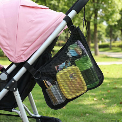 2 Pack Side Sling Stroller Organizer, Universal Portable Side Sling Stroller with Mesh Cargo Net, Black Adjustable Mesh Storage Bag with Non-Slip Straps for Extra Cargo Space