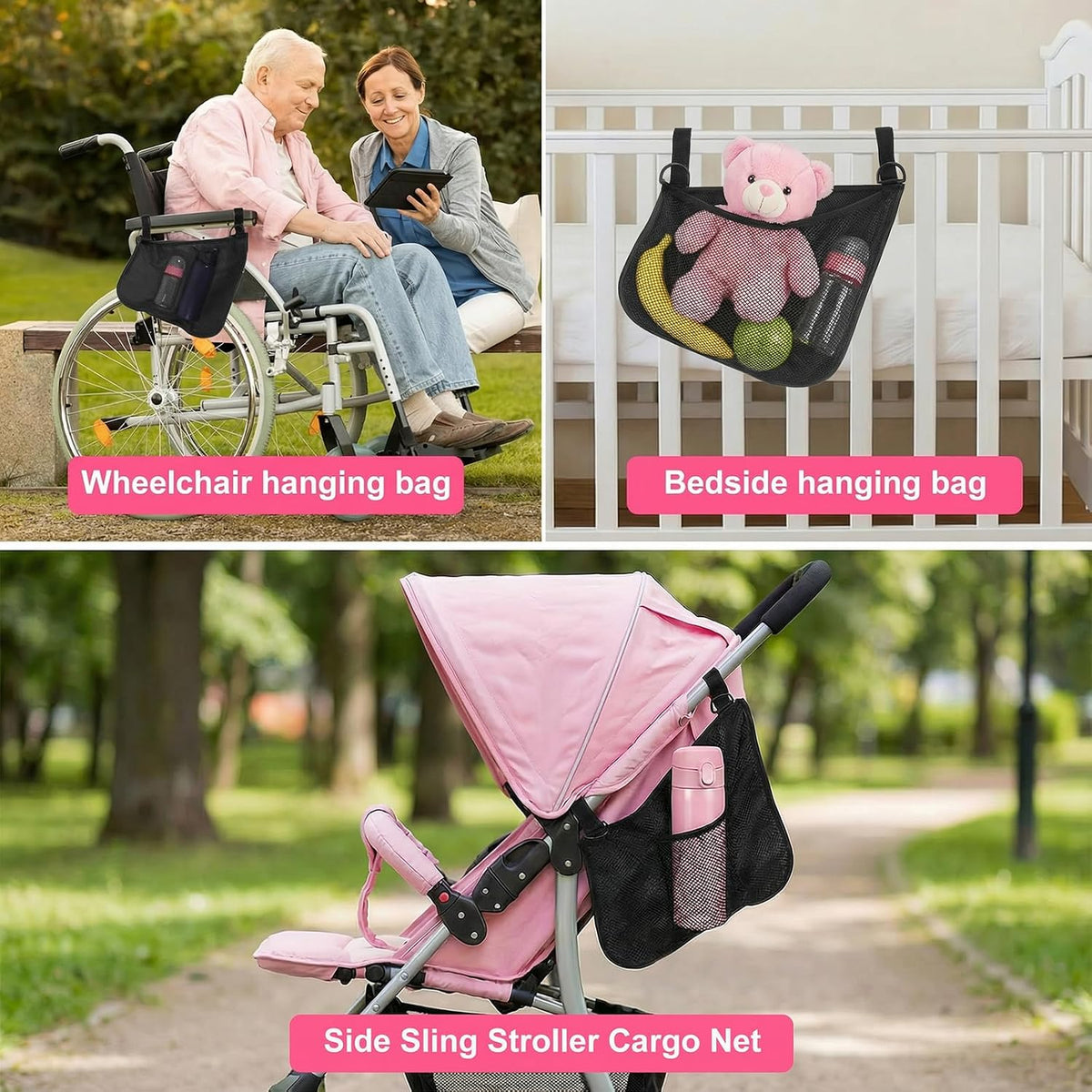 2 Pack Side Sling Stroller Organizer, Universal Portable Side Sling Stroller with Mesh Cargo Net, Black Adjustable Mesh Storage Bag with Non-Slip Straps for Extra Cargo Space