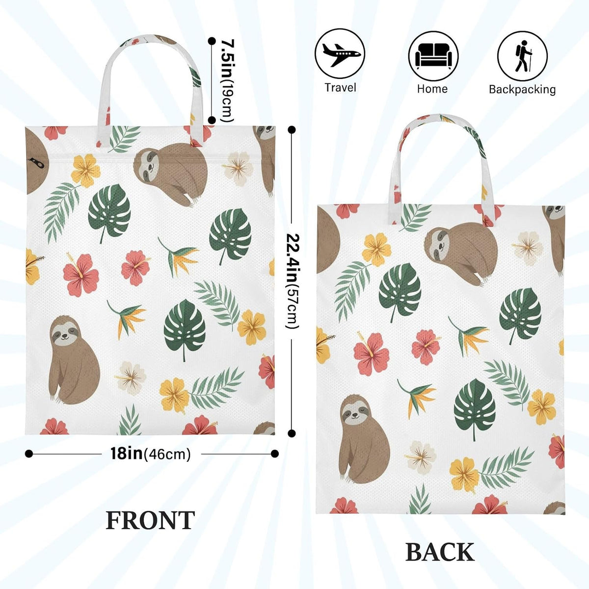Sloths Flowers Waterproof Travel Laundry Bag Easy Care 2 Count