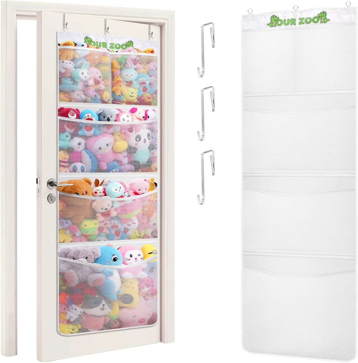 Over Door Stuffed Animal Toy Storage with 5 Pockets, White, 1 Pack