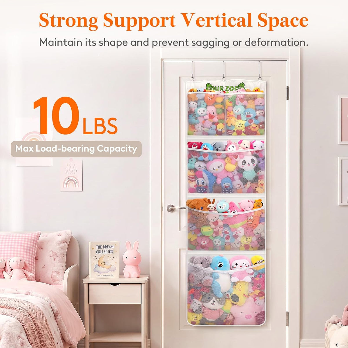 Over Door Stuffed Animal Toy Storage with 5 Pockets, White, 1 Pack