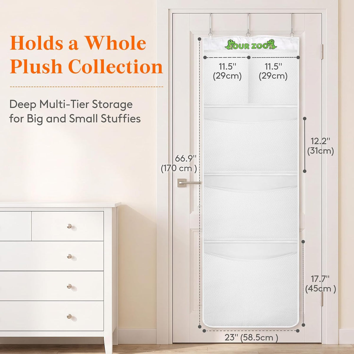 Over Door Stuffed Animal Toy Storage with 5 Pockets, White, 1 Pack