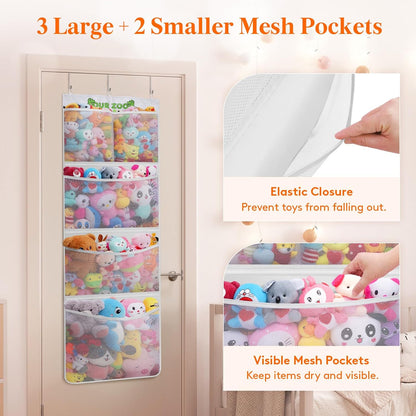 Over Door Stuffed Animal Toy Storage with 5 Pockets, White, 1 Pack