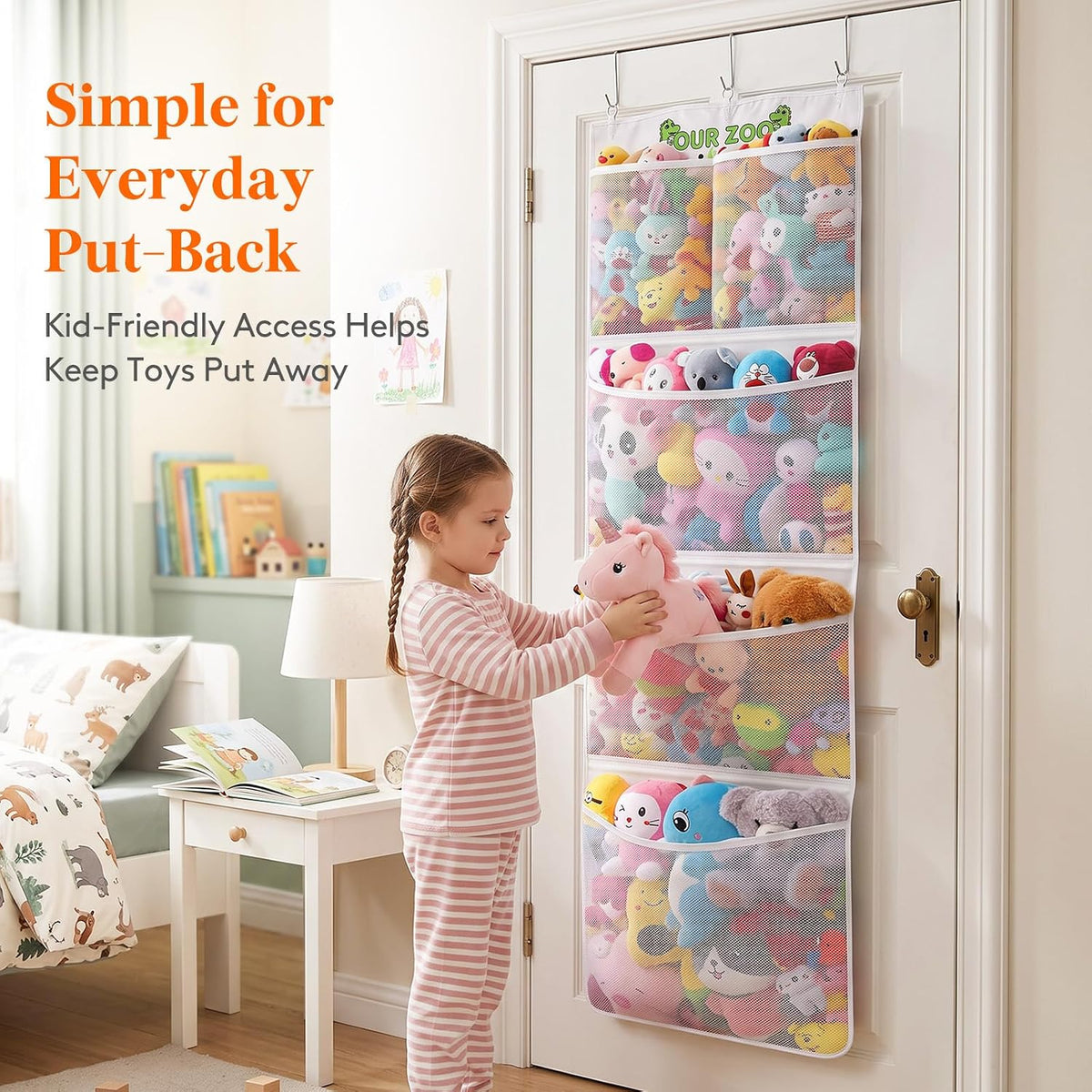 Over Door Stuffed Animal Toy Storage with 5 Pockets, White, 1 Pack