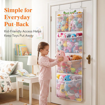 Over Door Stuffed Animal Toy Storage with 5 Pockets, White, 1 Pack