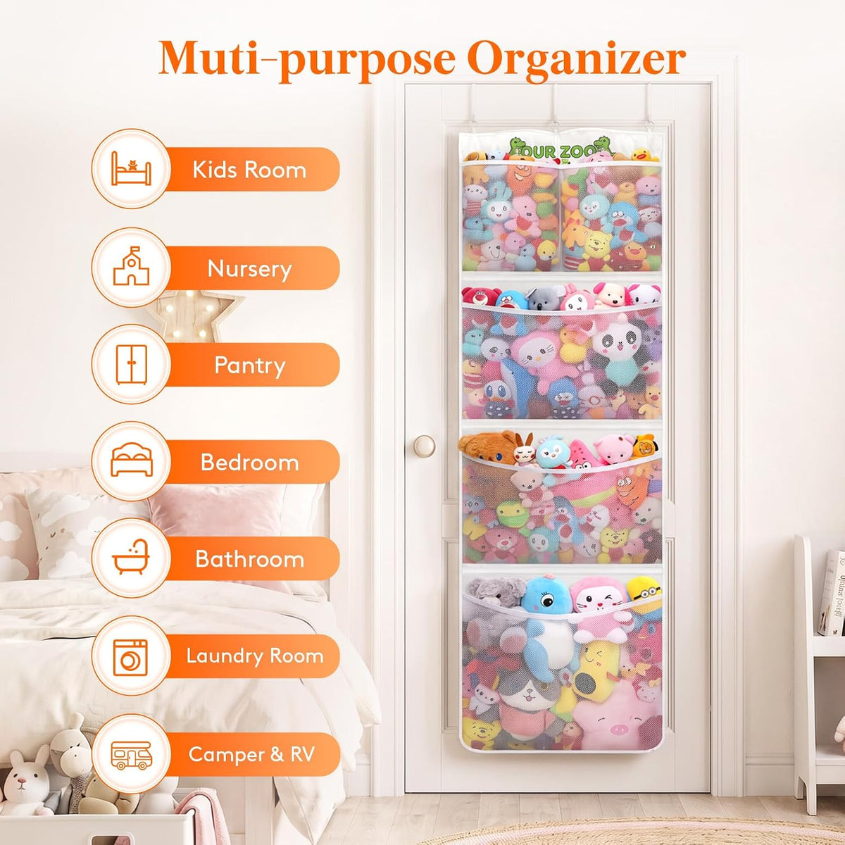 Over Door Stuffed Animal Toy Storage with 5 Pockets, White, 1 Pack