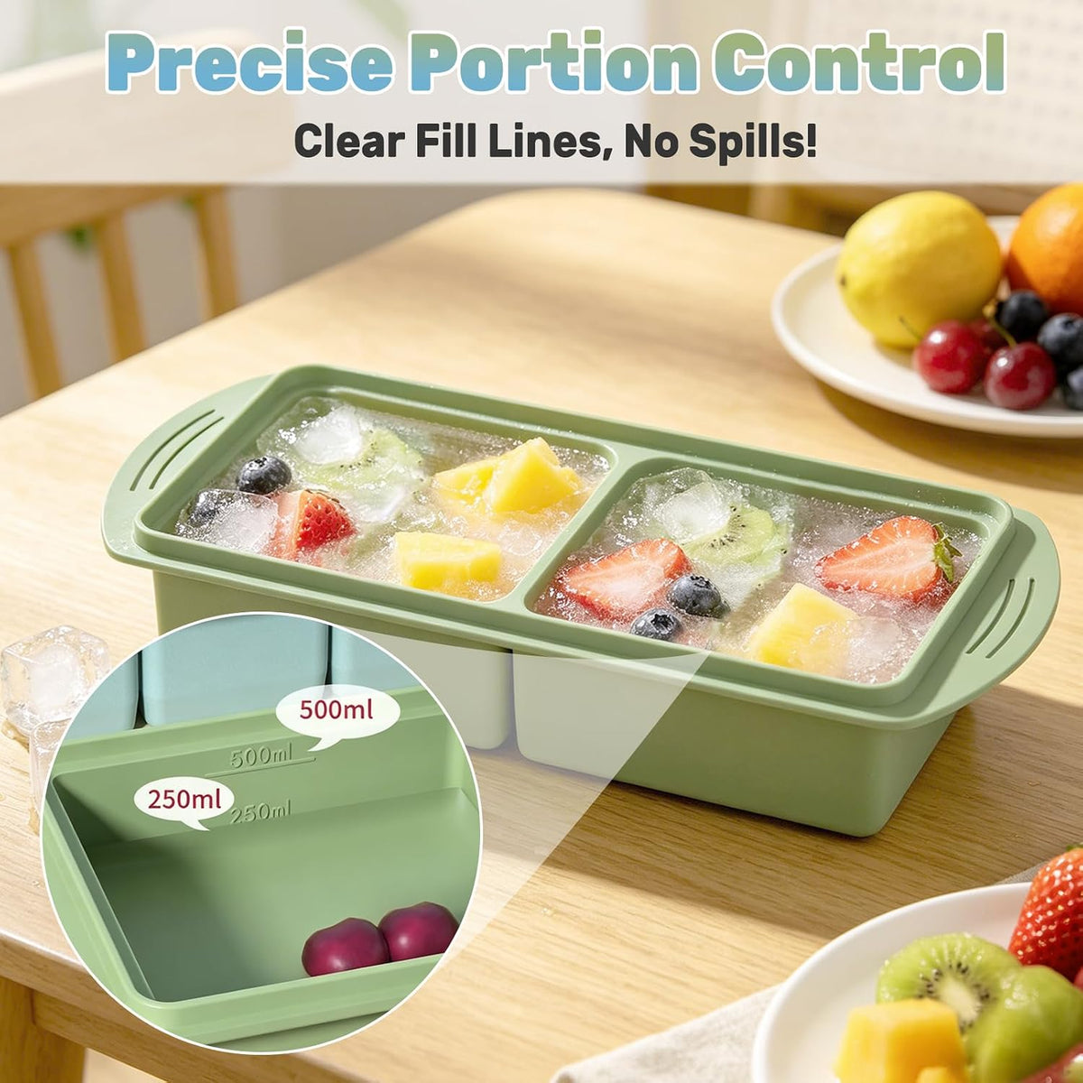 2 Pack 2-Cup Silicone Freezer Tray with Lid - Food Grade Soup Portion Molds with Fill Lines, Stackable for Meal Prep, Broth, Sauce & Leftovers