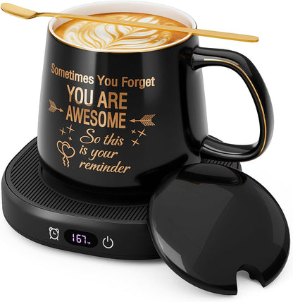Coffee Mug Warmer & You are Awesome Mug Set, Electric Cup Warmer for Desk | Beverage Warmer Plate for Coffee,Tea,4 Temperature Setting,8-Hours Auto Shut Off,14oz Mug with Spoon & Lid Included