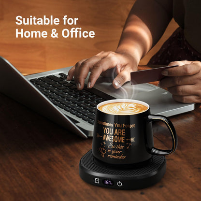 Coffee Mug Warmer & You are Awesome Mug Set, Electric Cup Warmer for Desk | Beverage Warmer Plate for Coffee,Tea,4 Temperature Setting,8-Hours Auto Shut Off,14oz Mug with Spoon & Lid Included