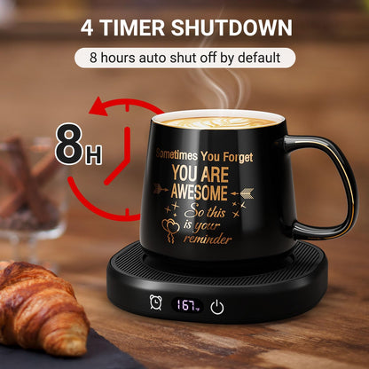 Coffee Mug Warmer & You are Awesome Mug Set, Electric Cup Warmer for Desk | Beverage Warmer Plate for Coffee,Tea,4 Temperature Setting,8-Hours Auto Shut Off,14oz Mug with Spoon & Lid Included