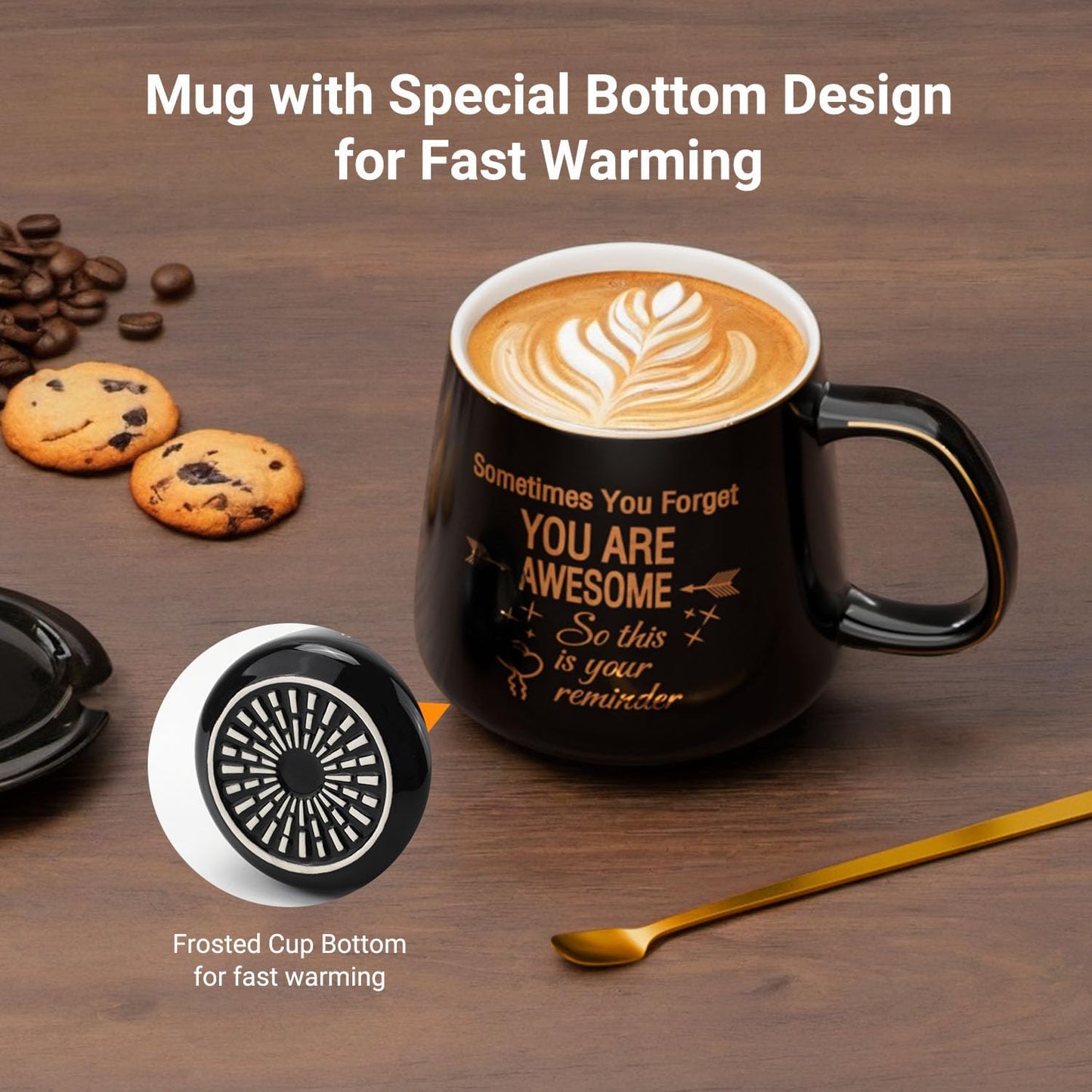 Coffee Mug Warmer & You are Awesome Mug Set, Electric Cup Warmer for Desk | Beverage Warmer Plate for Coffee,Tea,4 Temperature Setting,8-Hours Auto Shut Off,14oz Mug with Spoon & Lid Included