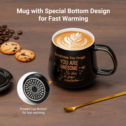 Coffee Mug Warmer & You are Awesome Mug Set, Electric Cup Warmer for Desk | Beverage Warmer Plate for Coffee,Tea,4 Temperature Setting,8-Hours Auto Shut Off,14oz Mug with Spoon & Lid Included