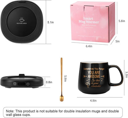 Coffee Mug Warmer & You are Awesome Mug Set, Electric Cup Warmer for Desk | Beverage Warmer Plate for Coffee,Tea,4 Temperature Setting,8-Hours Auto Shut Off,14oz Mug with Spoon & Lid Included