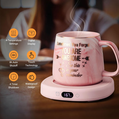 Coffee Mug Warmer & You are Awesome Mug Set, Electric Cup Warmer for Desk | Beverage Warmer Plate for Coffee,Tea,4 Temperature Setting,8-Hours Auto Shut Off,14oz Mug with Spoon & Lid Included