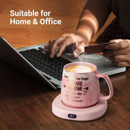 Coffee Mug Warmer & You are Awesome Mug Set, Electric Cup Warmer for Desk | Beverage Warmer Plate for Coffee,Tea,4 Temperature Setting,8-Hours Auto Shut Off,14oz Mug with Spoon & Lid Included