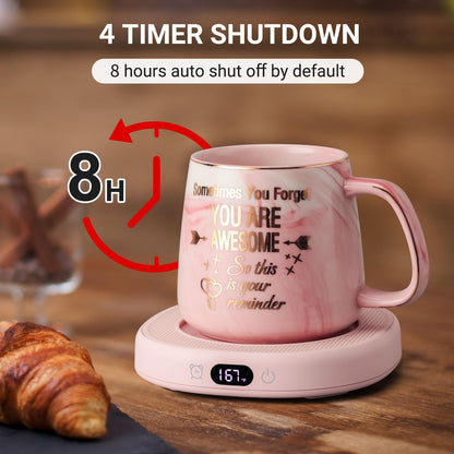 Coffee Mug Warmer & You are Awesome Mug Set, Electric Cup Warmer for Desk | Beverage Warmer Plate for Coffee,Tea,4 Temperature Setting,8-Hours Auto Shut Off,14oz Mug with Spoon & Lid Included