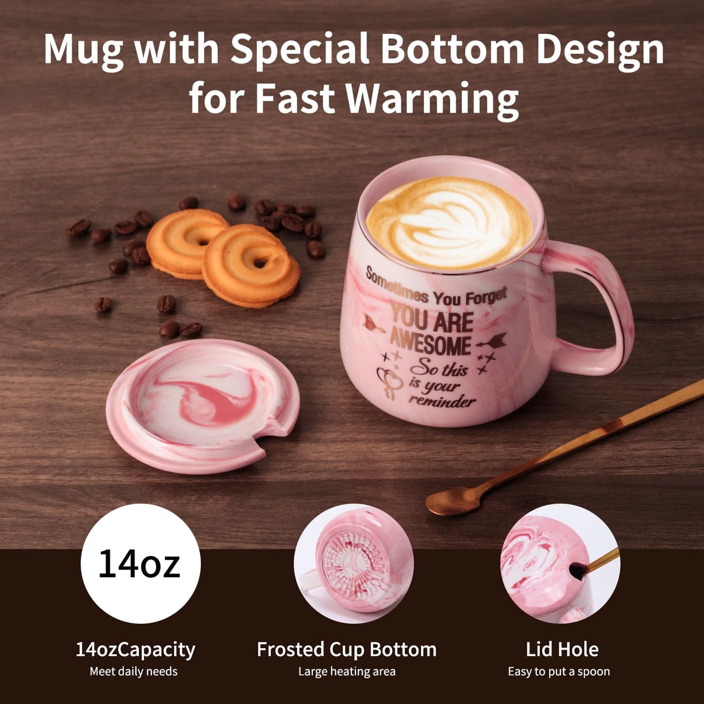 Coffee Mug Warmer & You are Awesome Mug Set, Electric Cup Warmer for Desk | Beverage Warmer Plate for Coffee,Tea,4 Temperature Setting,8-Hours Auto Shut Off,14oz Mug with Spoon & Lid Included