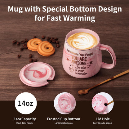 Coffee Mug Warmer & You are Awesome Mug Set, Electric Cup Warmer for Desk | Beverage Warmer Plate for Coffee,Tea,4 Temperature Setting,8-Hours Auto Shut Off,14oz Mug with Spoon & Lid Included