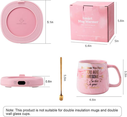 Coffee Mug Warmer & You are Awesome Mug Set, Electric Cup Warmer for Desk | Beverage Warmer Plate for Coffee,Tea,4 Temperature Setting,8-Hours Auto Shut Off,14oz Mug with Spoon & Lid Included