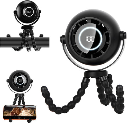 360° Rotatable Stroller Fan with LED Display & Night Light, Octopus Flexible Tripod Portable Fan, Multi-Angle Manual Adjustment 4000mAh Rechargeable Quiet for Camping, Office, Desk, Gym(Black)