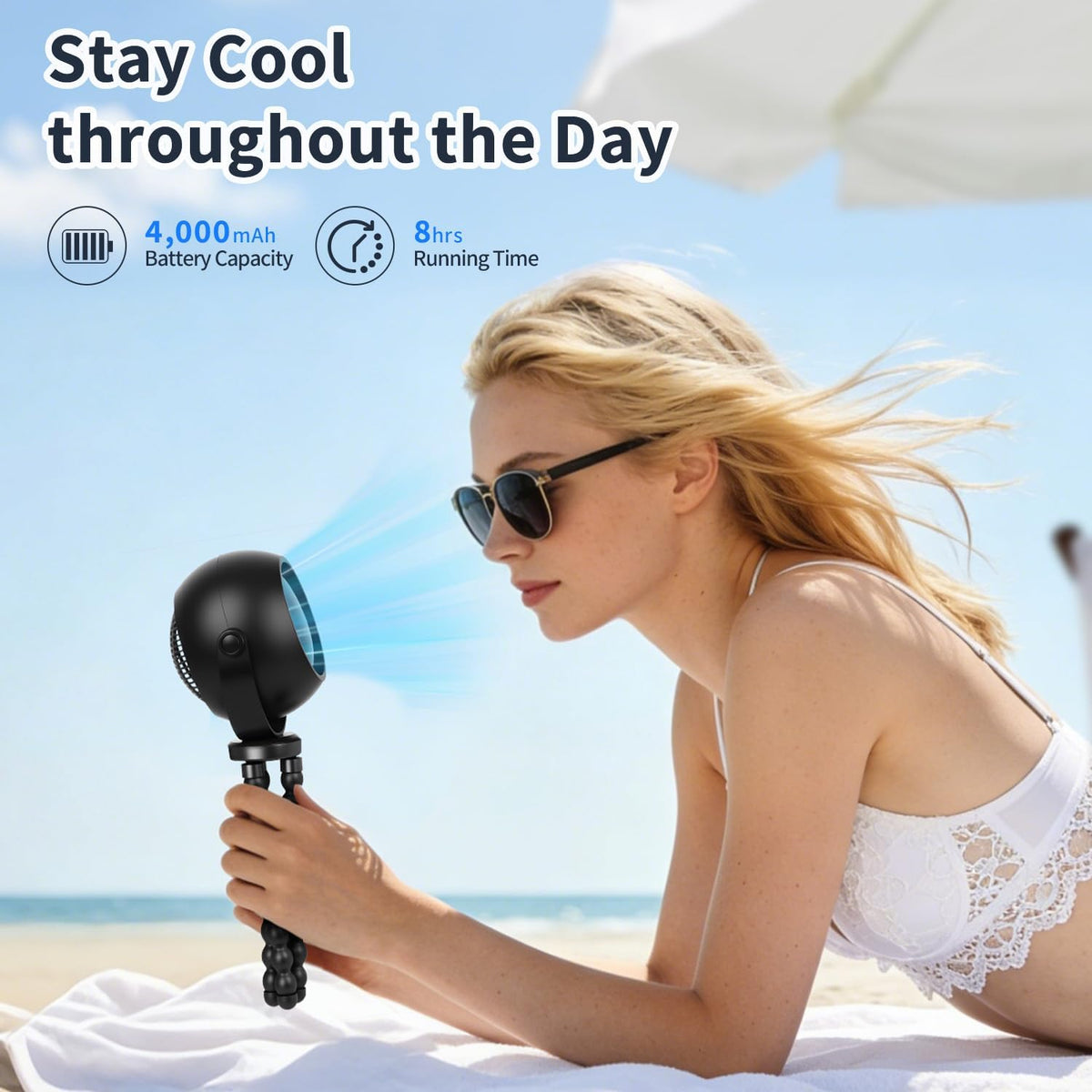 360° Rotatable Stroller Fan with LED Display & Night Light, Octopus Flexible Tripod Portable Fan, Multi-Angle Manual Adjustment 4000mAh Rechargeable Quiet for Camping, Office, Desk, Gym(Black)