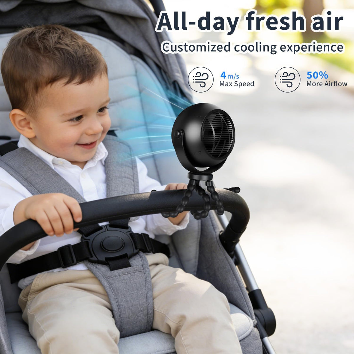 360° Rotatable Stroller Fan with LED Display & Night Light, Octopus Flexible Tripod Portable Fan, Multi-Angle Manual Adjustment 4000mAh Rechargeable Quiet for Camping, Office, Desk, Gym(Black)